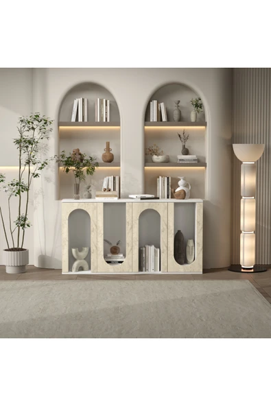 klubeconcept Kemerli Modern Konsol Ünitesi %100 MDF Dekoratif Raflı ve Kapaklı Tasarım ürün görseli 1