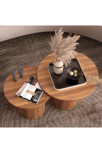 klubeconcept Bohem Modern Silindirik Ayaklı İkili Orta Sehpa Seti 100% MDF ürün görseli 1