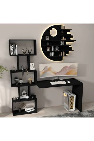 klubeconcept Modern LED Aydınlatmalı Çalışma Masası Seti Raf Kitaplık Masa Takımı ürün görseli 1
