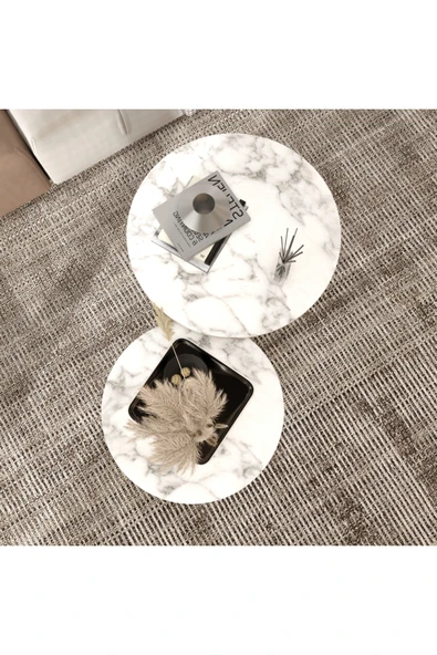 klubeconcept Mermer Desenli Modern Yan Sehpa Seti 2 li Yivli Silindirik Ayaklı MDF Orta Sehpa Takımı ürün görseli 1
