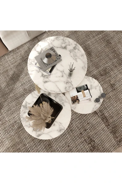 klubeconcept Mermer Desenli Modern Orta Sehpa Seti 3’lü Yivli Silindirik Ayaklı MDF Zigon Sehpa Takımı ürün görseli 1
