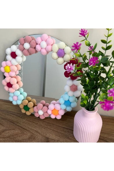 klubeconcept Ponpon Çiçekli Dekoratif Ayna Pleksi 25x25 ürün görseli 1