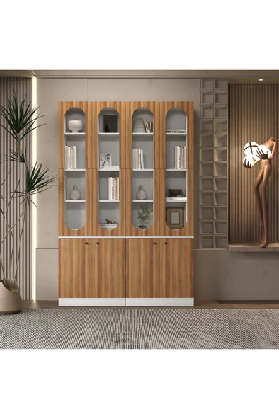klubeconcept KUBBE Beyaz Kemer Formlu Kitaplık Ünitesi Vitrin 140x30x210 ürün görseli 1