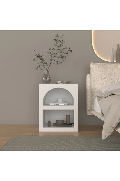 klubeconcept %100 MDF Beyaz Renk Modern Yarım Kemer Nişli Yan Sehpa Dekoratif Raflı Mini Kitaplık ürün görseli 1