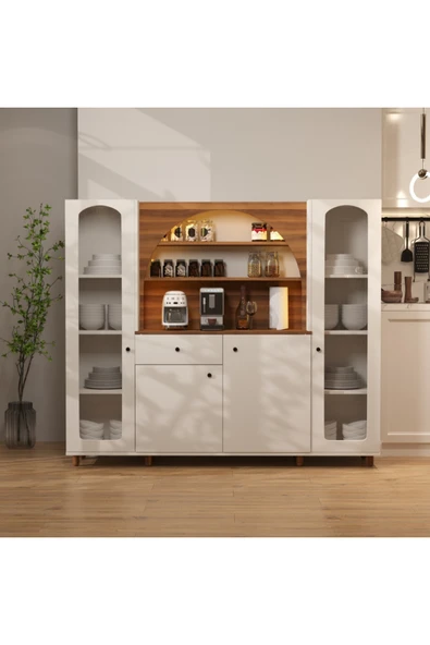 klubeconcept İnci Camlı LED’li Kahve Ünitesi %100 MDF Membran Çok Amaçlı Mutfak Dolabı ürün görseli 1