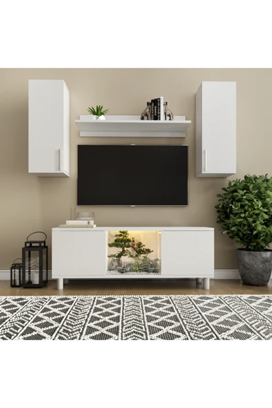 klubeconcept Beyaz Modern Duvar Monteli TV Ünitesi ve Alt Sehpa Seti ürün görseli 1