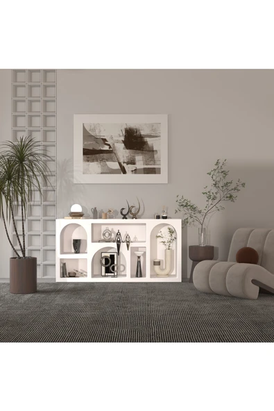 klubeconcept %100 MDF Beyaz Renk Modern Dekoratif Nişli Konsol 160x80 cm Raflı Deko Ünitesi ürün görseli 1