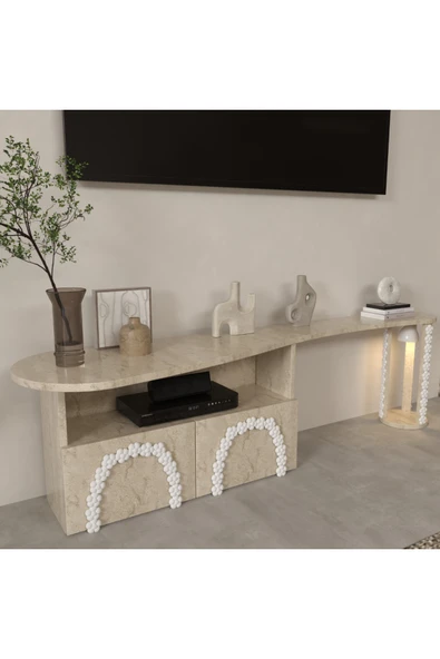 klubeconcept %100 MDF Traverten Desenli Kişiye160 cm Özel Ponpon Detaylı TV Ünitesi Özel Tasarım ürün görseli 1