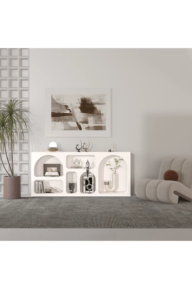 klubeconcept %100 MDF Beyaz Renk Modern Dekoratif Nişli Konsol 180x80 cm Geniş Raflı Deko Ünitesi ürün görseli 1