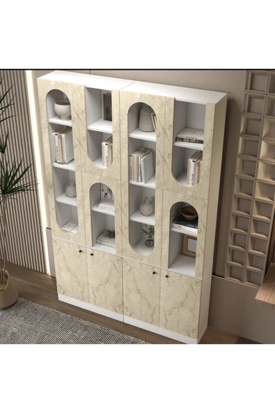 klubeconcept MİHRAP Beyaz Kemer Formlu Kitaplık Ünitesi Vitrin | 140×30×210 cm ürün görseli 1