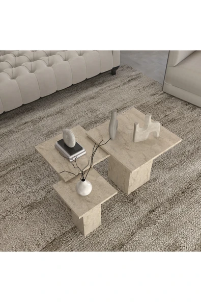 klubeconcept Traverten Desenli MDF Zigon Sehpa Takımı – Modern Salon Sehpası %100 MDF ürün görseli 1