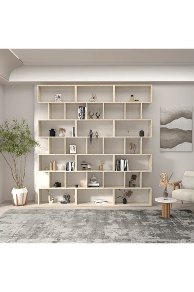 klubeconcept Yerden Tavana Traverten Desenli Kitaplık Dekoratif Büyük Boy Raf Ünitesi 100% MDF ürün görseli 1