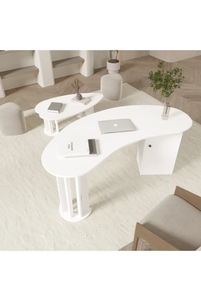 klubeconcept MİZAN Oval Beyaz Çalışma Masası & Sehpa Modern Minimal Ofis Seti %100 MDF ürün görseli 1