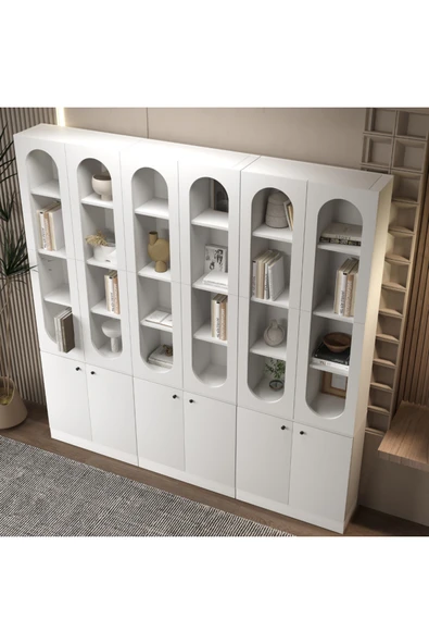 klubeconcept Modern Beyaz Kitaplık %100 MDF Geniş Depolama Alanlı Dekoratif Raf 210X30X210 ürün görseli 1