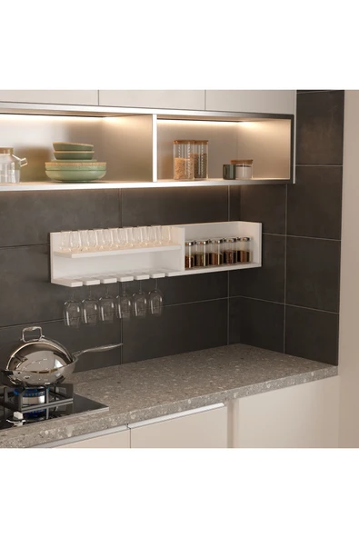 klubeconcept Duvara Monte Şarap Kadehliği ve Baharat Rafı Beyaz MDF Çok Amaçlı Raf Ünitesi ürün görseli 1