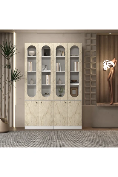 klubeconcept KUBBE Beyaz Kemer Formlu Kitaplık Ünitesi Vitrin 140x30x210 ürün görseli 1