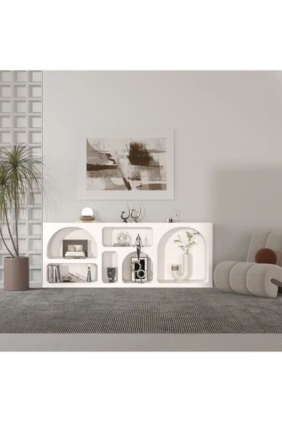 klubeconcept %100 MDF Beyaz Renk Modern Dekoratif Nişli Konsol 210x80 cm Geniş Raflı Deko Ünitesi ürün görseli 1