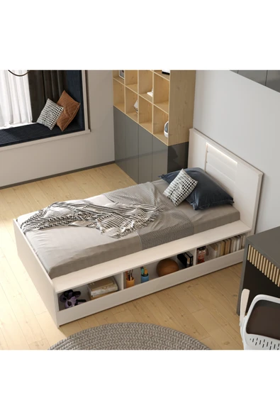 klubeconcept LED Işıklı Başlıklı Modern Kitaplıklı Yatak %100 MDF Tek Kişilik Model 110X195CM ürün görseli 1