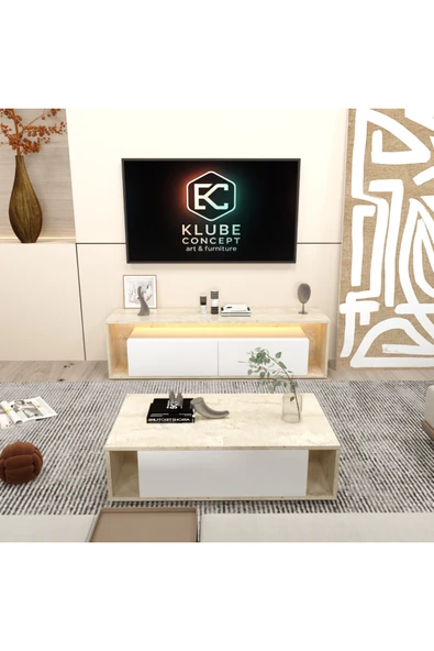 klubeconcept Modern Ceviz TV Ünitesi Orta Sehpa Seti – Beyaz Kapaklı LED’li Takım %100 MDF 160 CM ürün görseli 1