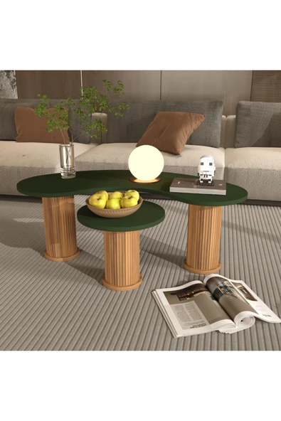 klubeconcept ALBERO Verde Premium Organik Form Yivli Bohem Ayaklı İkili Orta Sehpa Seti ürün görseli 1