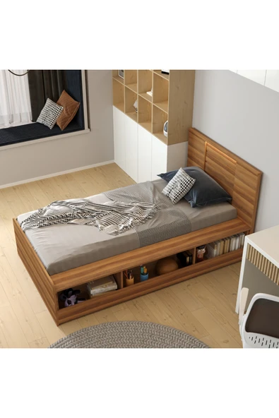 klubeconcept LED Işıklı Başlıklı Modern Kitaplıklı Yatak %100 MDF Tek Kişilik Model 110X195CM ürün görseli 1