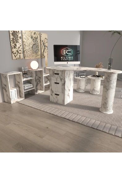 klubeconcept Athena Kolon Ayaklı Beyaz Mermer Desen Çalışma Masası Ofis Takımı %100 MDF ürün görseli 1