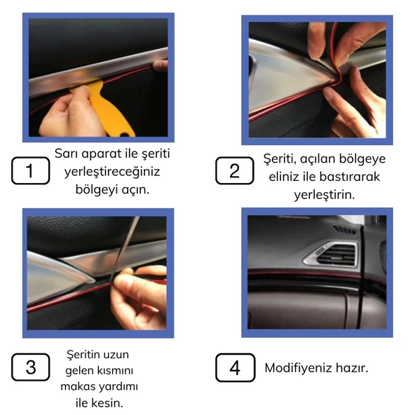 Mavi Araba Oto Trim Dekorasyon Şeridi Kauçuk Elastik Kolay Kurulum 5 metre Şerit Bant - Resim 4