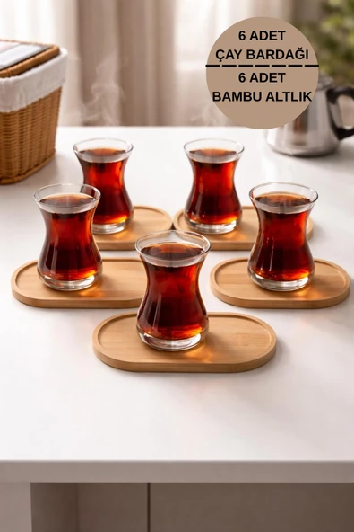 6 Adet Cam İnce Belli Çay Bardağı + 6 Adet Bambu Bardak Altlığı – Çay Servis ve Sunum Seti ürün görseli 1