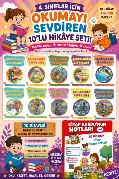 4 .Sınıf Öğrencileri İçin Zevkle Okuyacağı 10 lu Hikaye Seti  (Kitap Okuma Not Defteri Hediyeli) ürün görseli 1