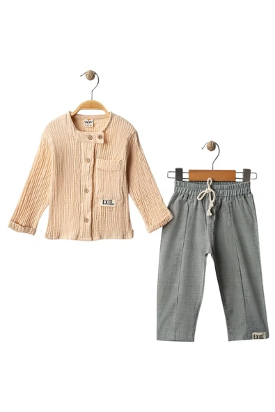 Bluefeet Bej Müslin Gömlek Alt Dokuma Erkek Bebek Takım ürün görseli 1
