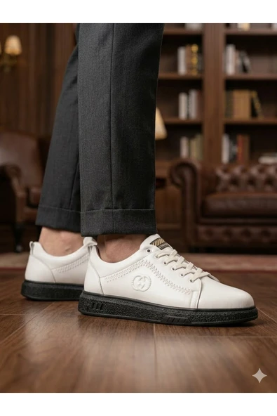 BALOĞLU 1980 Beyaz-siyah Hakiki Deri Günlük Erkek Sneaker Ayakkabı ürün görseli 1