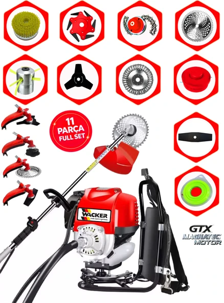 Wacker Pro German WX 411 Seri Sırt Tipi Benzinli Ot Çalı Çim Biçme Tırpanı+ 11 PCS Full Set Hali Yıkamalı ürün görseli 1