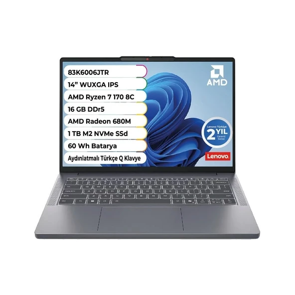 Ideapad Slim 3 Amd Ryzen 7 170 Cpu 16 GB 1 Tb Amd Radeon 680 M Freedos 14 Inç 83K6006JTR ürün görseli 1