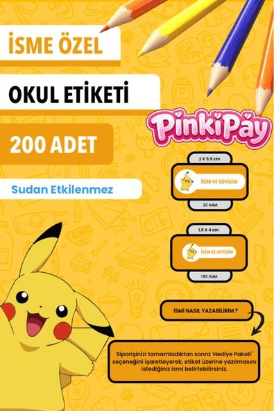 İsim Yazılabilir Pikachu Temalı Okul Etiketi – Kalem & Defter İçin 200 Adet ürün görseli 1