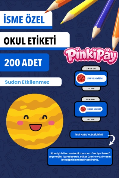 İsim Yazılabilir Sevimli Gezegenler Temalı Okul Etiketi – Kalem & Defter İçin 200 Adet ürün görseli 1