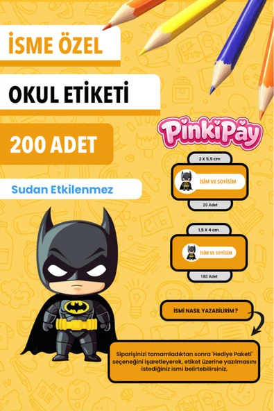 İsim Yazılabilir Batman Temalı Okul Etiketi – Kalem & Defter İçin 200 Adet ürün görseli 1