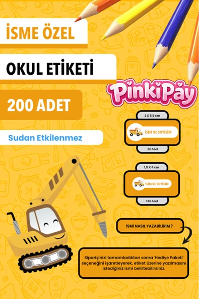 İsim Yazılabilir İş Makineleri Temalı Okul Etiketi – Kalem & Defter İçin 200 Adet ürün görseli 1