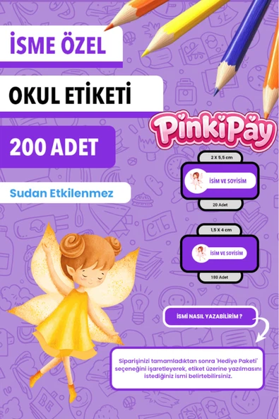 İsim Yazılabilir Sevimli Peri Kızları Temalı Okul Etiketi – Kalem & Defter İçin 200 Adet ürün görseli 1