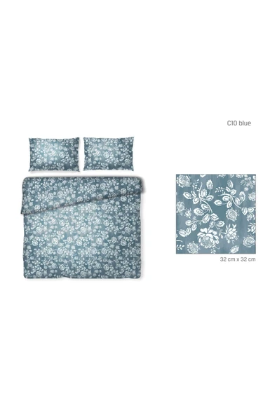 Home Karden Flower Flora Mavi Pamuklu Çift Kişilik Nevresim Seti ürün görseli 1