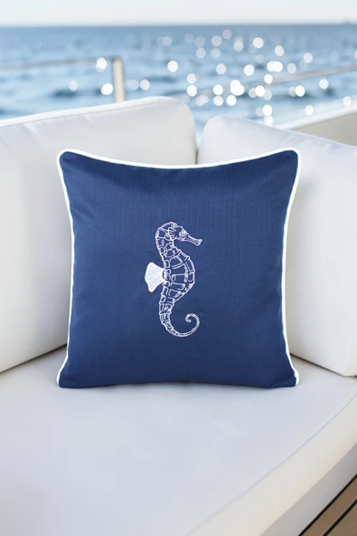 Kırlent Kılıfı 45x45 Marin Nakışlı Deniz Atı Desen Su İtici Outdoor Keten Beyaz Biyeli Tekne Bahçe ürün görseli 1