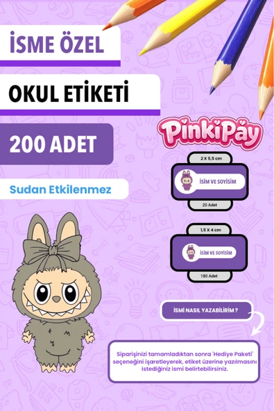 İsim Yazılabilir Labubu Temalı Kişiye Özel Okul Etiketi – Kalem & Defter İçin 200 Adet ürün görseli 1