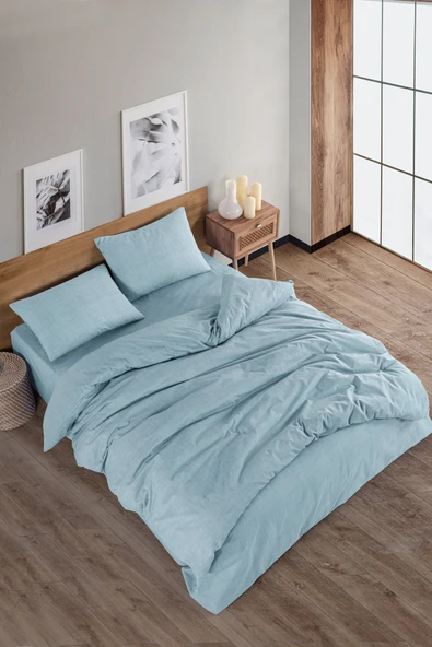 Karden Flower Solid Pamuklu Tek Kişilik Nevresim Seti - Mavi - Resim 2