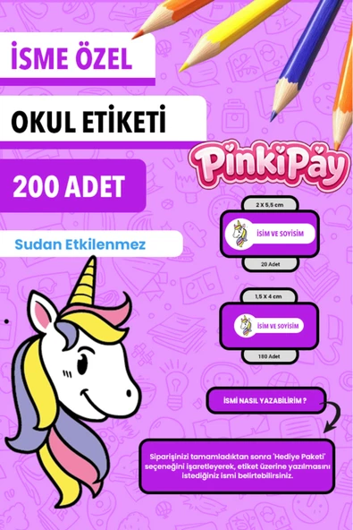 İsim Yazılabilir Sevimli Unicorn Temalı Okul Etiketi – Kalem & Defter İçin 200 Adet ürün görseli 1