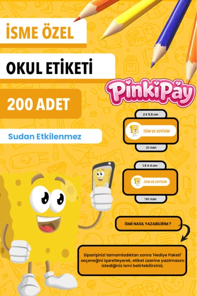 İsim Yazılabilir Sünger Bob Temalı Okul Etiketi – Kalem & Defter İçin 200 Adet ürün görseli 1