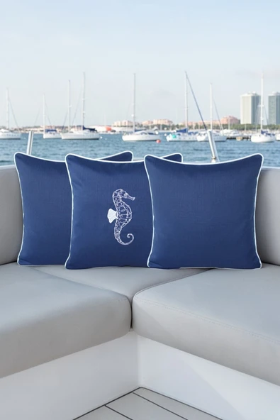 Kırlent Kılıfı 45x45 3'lü Set Marin Nakışlı Deniz Atı Desen Su İtici Outdoor Keten Tekne Bahçe ürün görseli 1