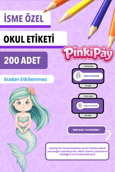 İsim Yazılabilir Sevimli Deniz Kızları Temalı Okul Etiketi – Kalem & Defter İçin 200 Adet ürün görseli 1