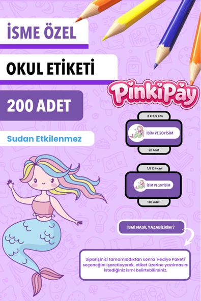 İsim Yazılabilir Sevimli Deniz Kızı Temalı Okul Etiketi – Kalem & Defter İçin 200 Adet ürün görseli 1