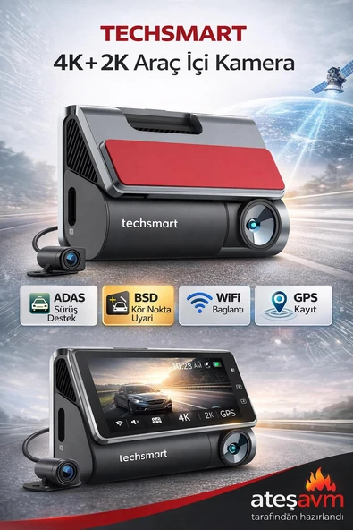 Techsmart 2 Kanal 4K + 2K Araç İçi Kamera ADAS BSD WiFi GPS Gece Görüşlü Dashcam ürün görseli 1