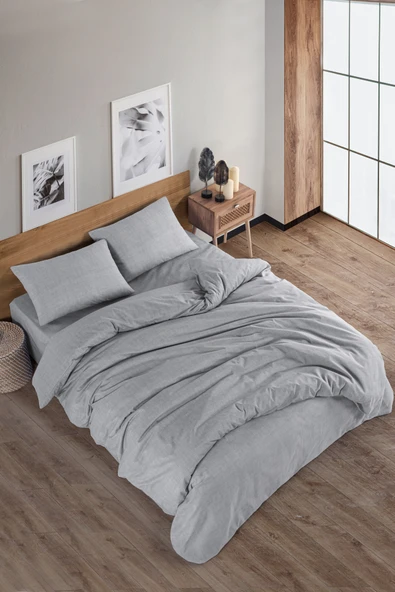 Karden Flower Solid Pamuklu Çift Kişilik Nevresim Seti - Gri - Resim 2