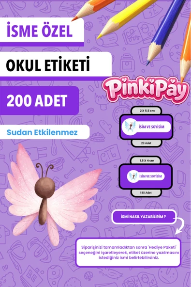 İsim Yazılabilir Sevimli Kelebekler Temalı Okul Etiketi – Kalem & Defter İçin 200 Adet ürün görseli 1